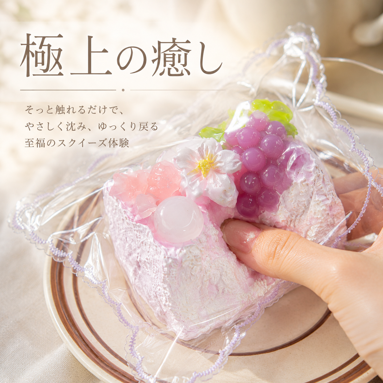 【春の彩りケーキ】スクイーズ ぶどう 桜 花見 スイーツ系 低反発 スクイーズトイ 癒し おもちゃ ストレス解消 雑貨 プレゼント